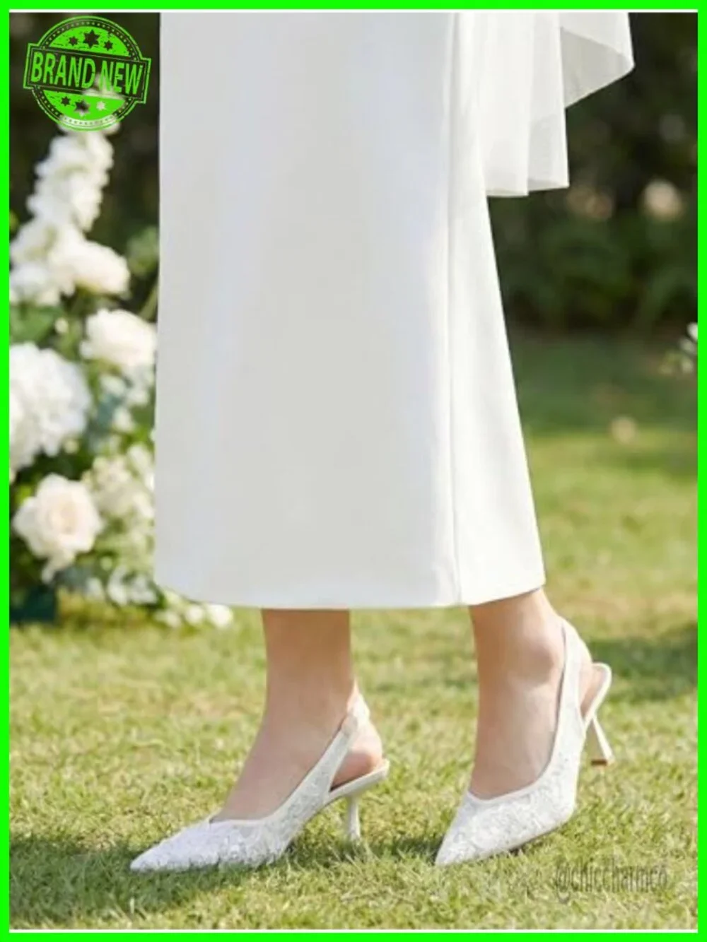 Bridal Lace Kitten Heel Slingback Pumps with Pearl Accents